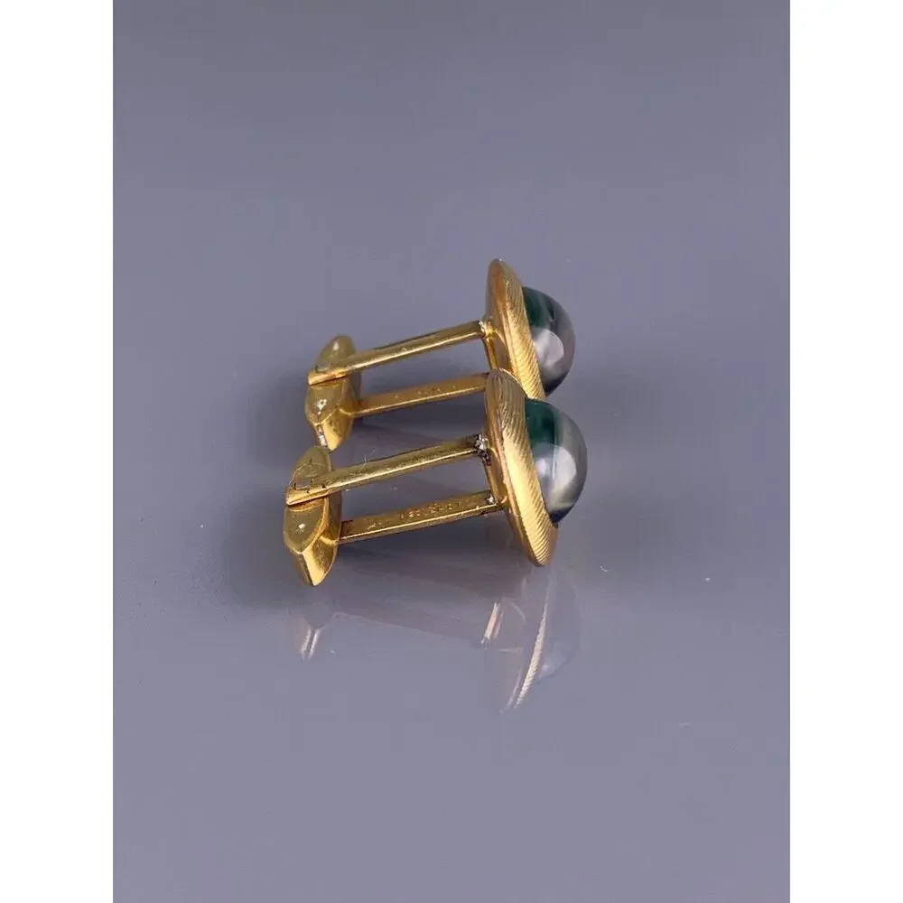 Green Stripes Glass Cufflinks 1/20 12k Gold Filled White Lines Art Deco Vintage